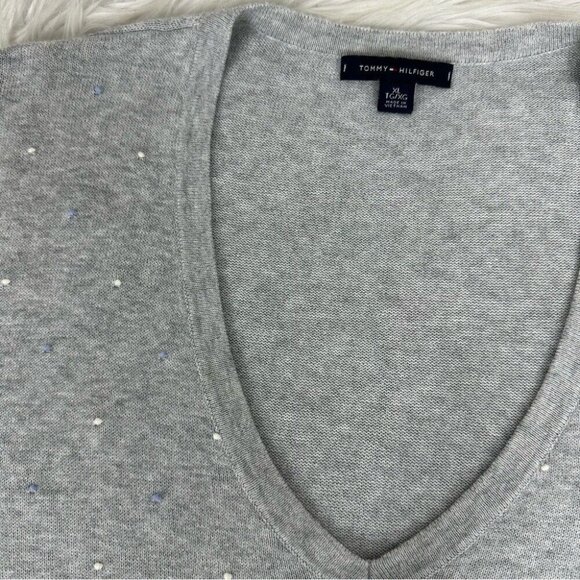 Tommy Hilfiger Women’s Gray V-Neck Y2K Designer Beaded Tunic Knit Sweater XL/C44 - Picture 6 of 11
